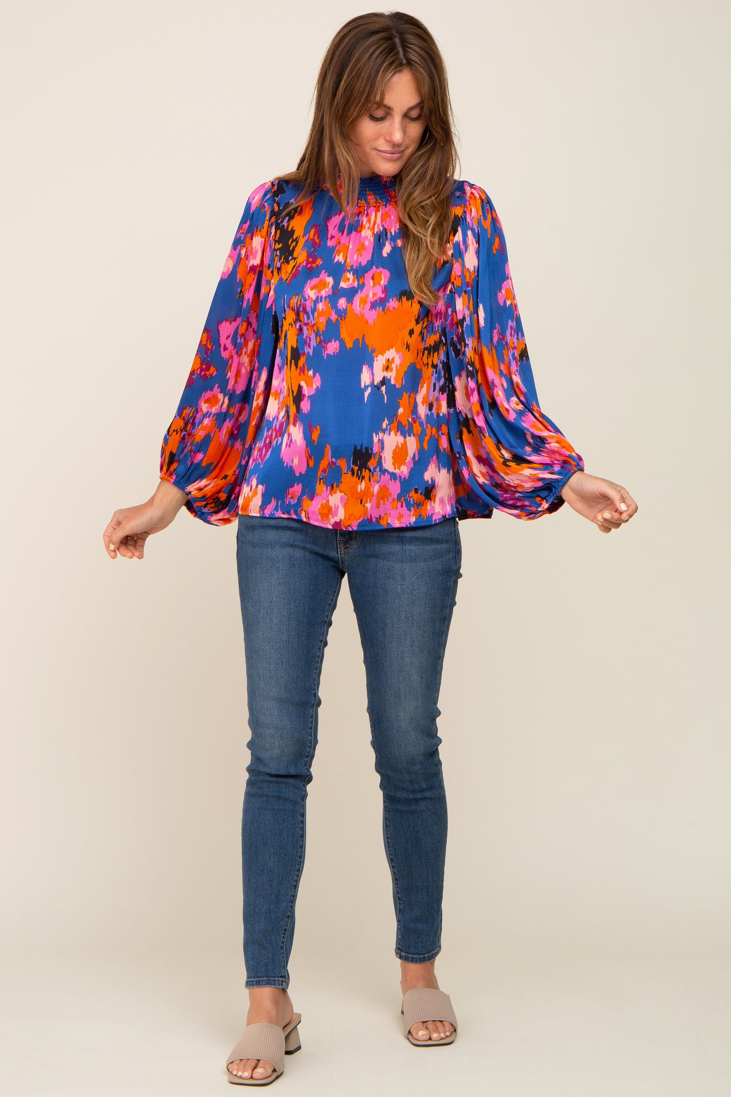 Royal Blue Abstract Smocked Mock Neck Blouse