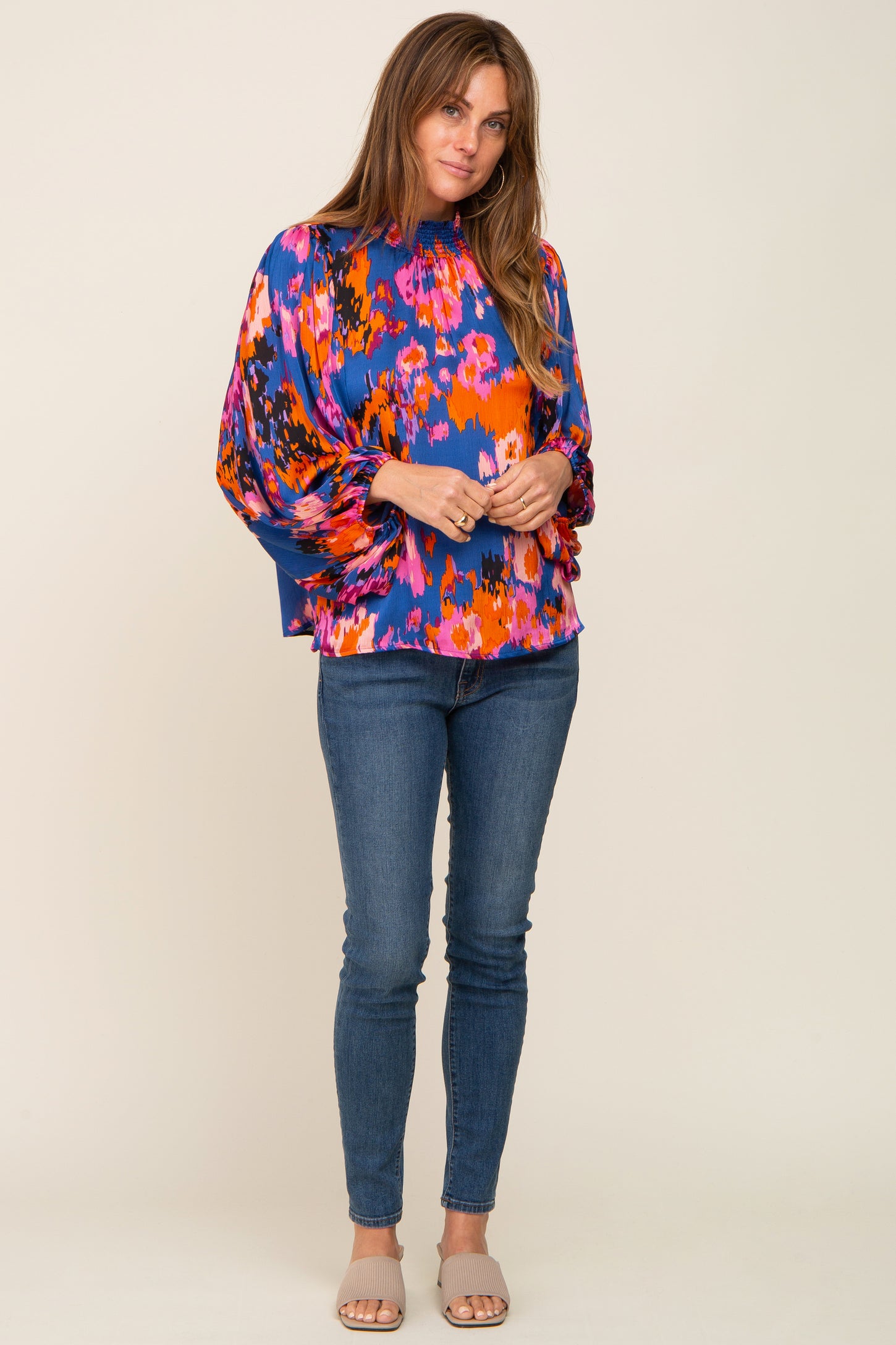 Royal Blue Abstract Smocked Mock Neck Blouse