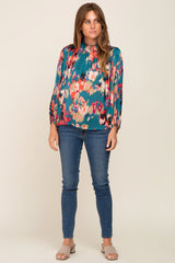 Teal Abstract Smocked Mock Neck Blouse