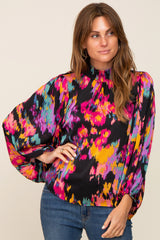 Black Abstract Smocked Mock Neck Blouse