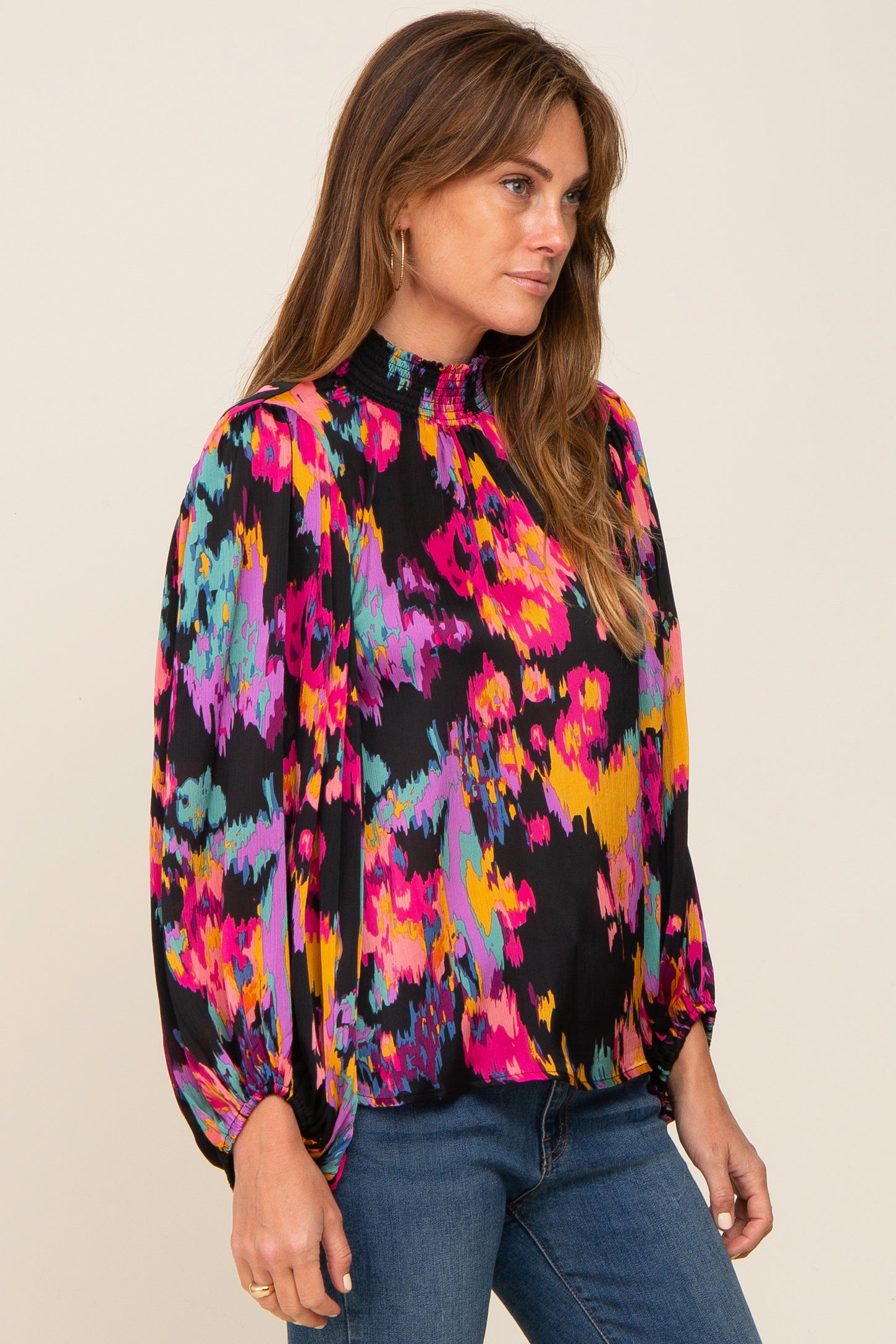 Black Abstract Smocked Mock Neck Blouse