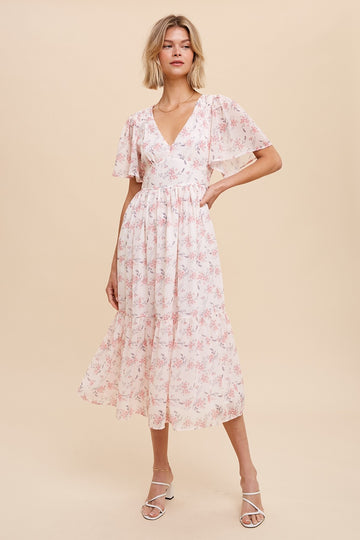 Creme Blush Floral V Neck Midi Dress