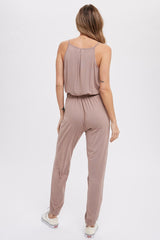 Taupe Surplice Casual Jersey Jumpsuit