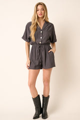 Charcoal Notch Collar Button Front Romper