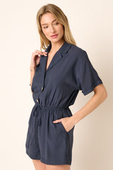 Navy Notch Collar Button Front Romper