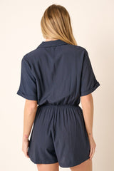 Navy Notch Collar Button Front Romper