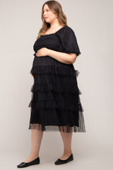 Black Swiss Dot Smocked Tiered Maternity Plus Midi Dress