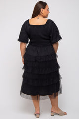 Black Swiss Dot Smocked Tiered Plus Midi Dress