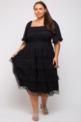 Black Swiss Dot Smocked Tiered Plus Midi Dress