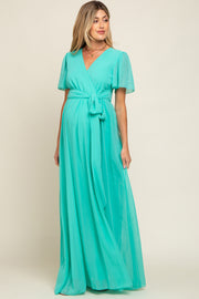 Aqua Chiffon Wrap Front Short Sleeve Maternity Maxi Dress