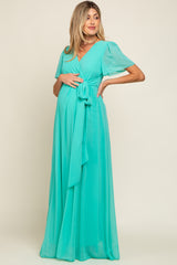 Aqua Chiffon Wrap Front Short Sleeve Maternity Maxi Dress