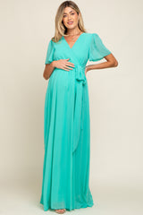 Aqua Chiffon Wrap Front Short Sleeve Maternity Maxi Dress