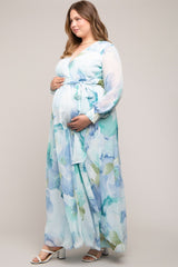 Blue Floral Chiffon Maternity Plus Maxi Dress