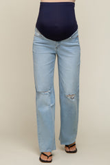 Light Blue Distressed Knee Wide Leg Maternity Jeans