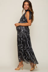 Black Floral Shimmer Deep V Shoulder Tie Maternity Midi Dress