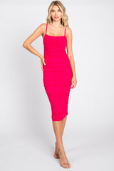 Fuchsia Ruched Mesh Square Neck Maternity Midi Dress