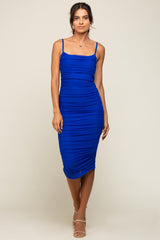 Royal Blue Ruched Mesh Square Neck Maternity Midi Dress