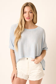 Blue Knit Round Neck Dolman Sleeve Top