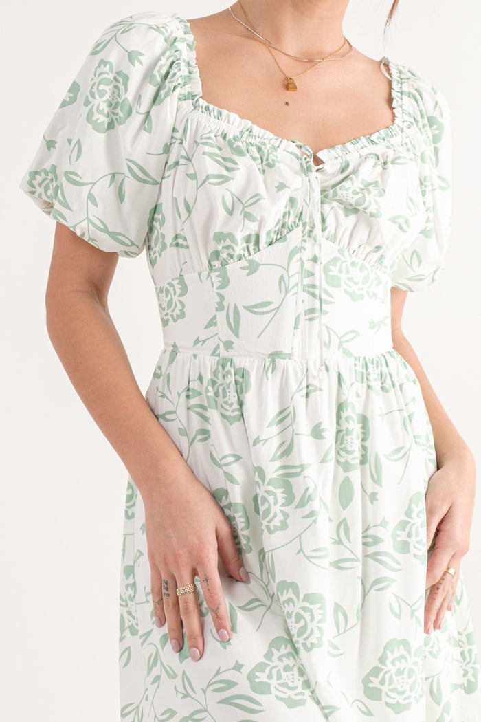 Green Square Neck Puff Sleeve Mini Dress