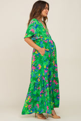 Green Floral Button Front Flutter Short Sleeve Maternity Maxi Dress