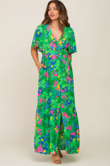 Green Floral Button Front Flutter Short Sleeve Maternity Maxi Dress