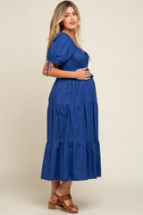 Navy Shirred Front Tie Short Sleeve Tiered Maternity Midi Dress