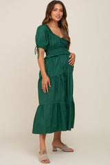 Forest Green Shirred Front Tie Short Sleeve Tiered Maternity Midi Dres