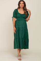 Forest Green Shirred Front Tie Short Sleeve Tiered Maternity Midi Dres