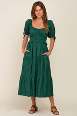 Forest Green Shirred Front Tie Short Sleeve Tiered Midi Dres