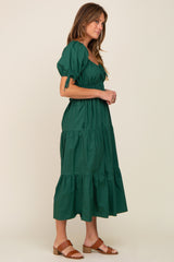 Forest Green Shirred Front Tie Short Sleeve Tiered Midi Dres