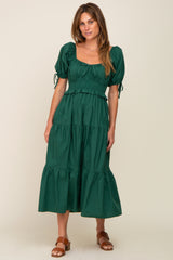 Forest Green Shirred Front Tie Short Sleeve Tiered Midi Dres