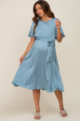 Blue Satin Pleated Maternity Midi Dress