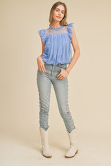 Blue Mesh Ruffled Flutter Sleeve Top