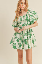 Mint Green Floral Print Bubble Sleeve Flared Mini Dress