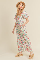 Ivory Floral Floral Wide Leg Puff Sleeve Jumpsuit