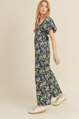 Navy Floral Floral Wide Leg Puff Sleeve Jumpsuit