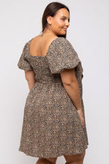 Cream Cheetah Print Knotted Puff Sleeve Plus Dress