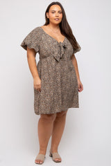 Cream Cheetah Print Knotted Puff Sleeve Plus Maternity Dress