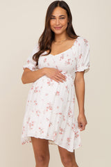White Floral Smocked Short Puff Sleeve Maternity Dress