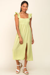 Lime Square Neck Button Front Ruffle Shoulder Cutout Back Midi Dress