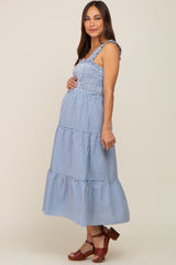 Blue Gingham Smocked Tiered Maternity Midi Dress