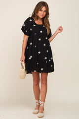 Black Floral Embroidered Puff Sleeve Dress