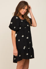 Black Floral Embroidered Puff Sleeve Dress