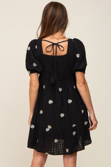 Black Floral Embroidered Puff Sleeve Dress