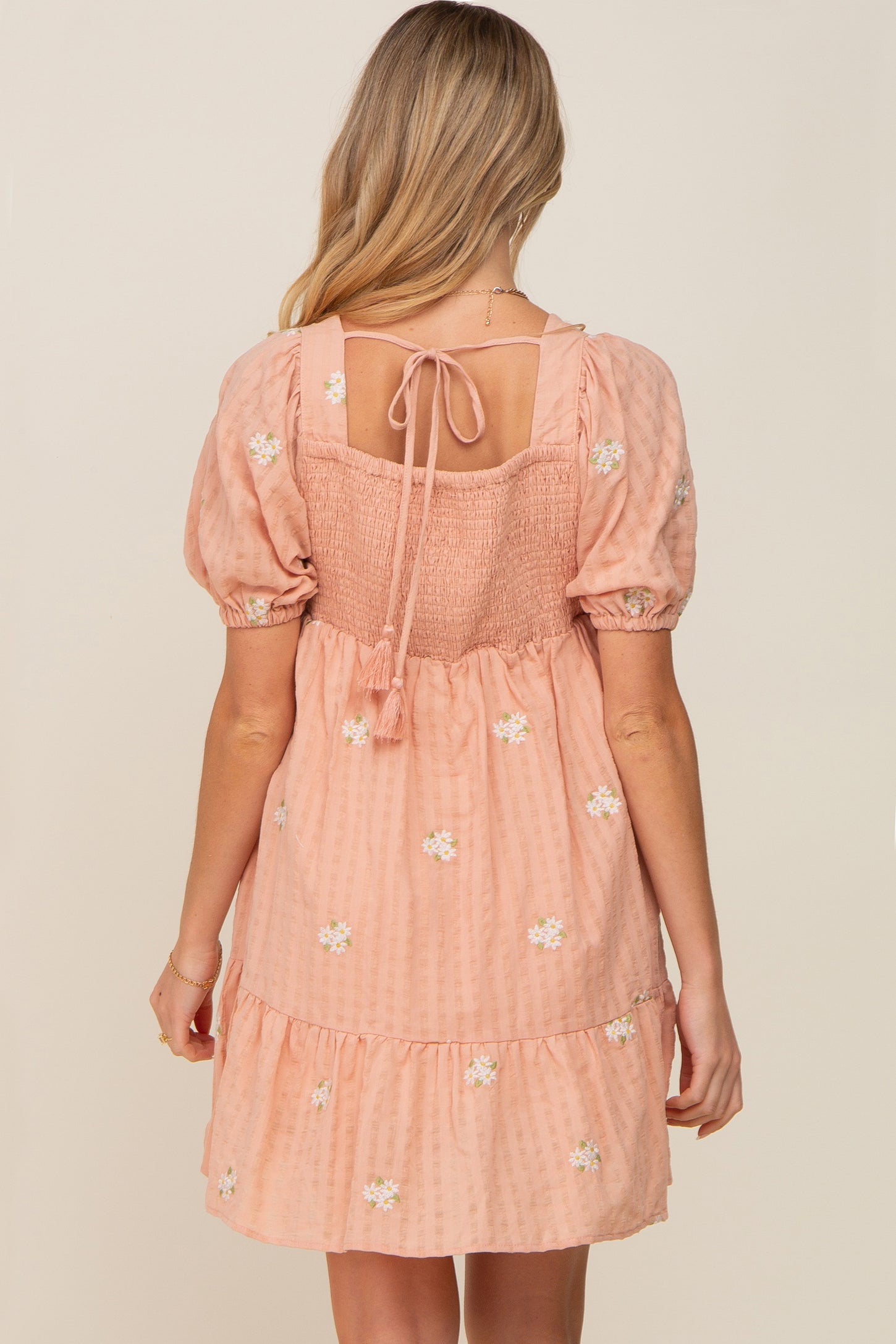 Peach Floral Embroidered Puff Sleeve Maternity Dress