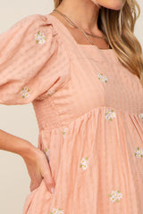 Peach Floral Embroidered Puff Sleeve Maternity Dress