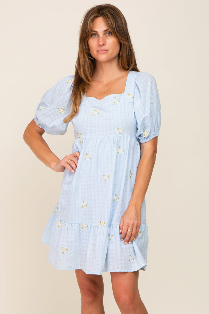 Light Blue Floral Embroidered Puff Sleeve Maternity Dress