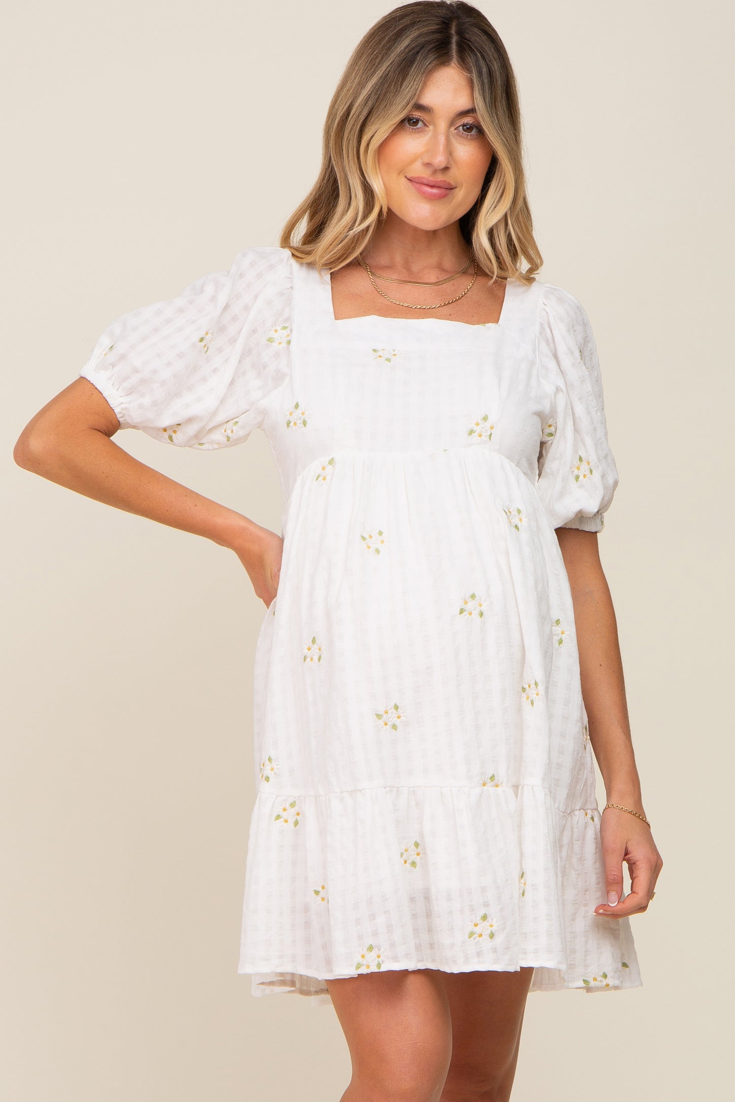 White Floral Embroidered Puff Sleeve Maternity Dress