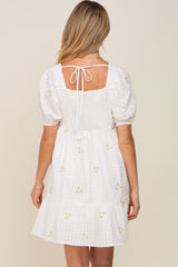 White Floral Embroidered Puff Sleeve Maternity Dress