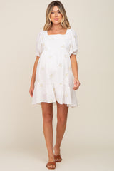 White Floral Embroidered Puff Sleeve Maternity Dress